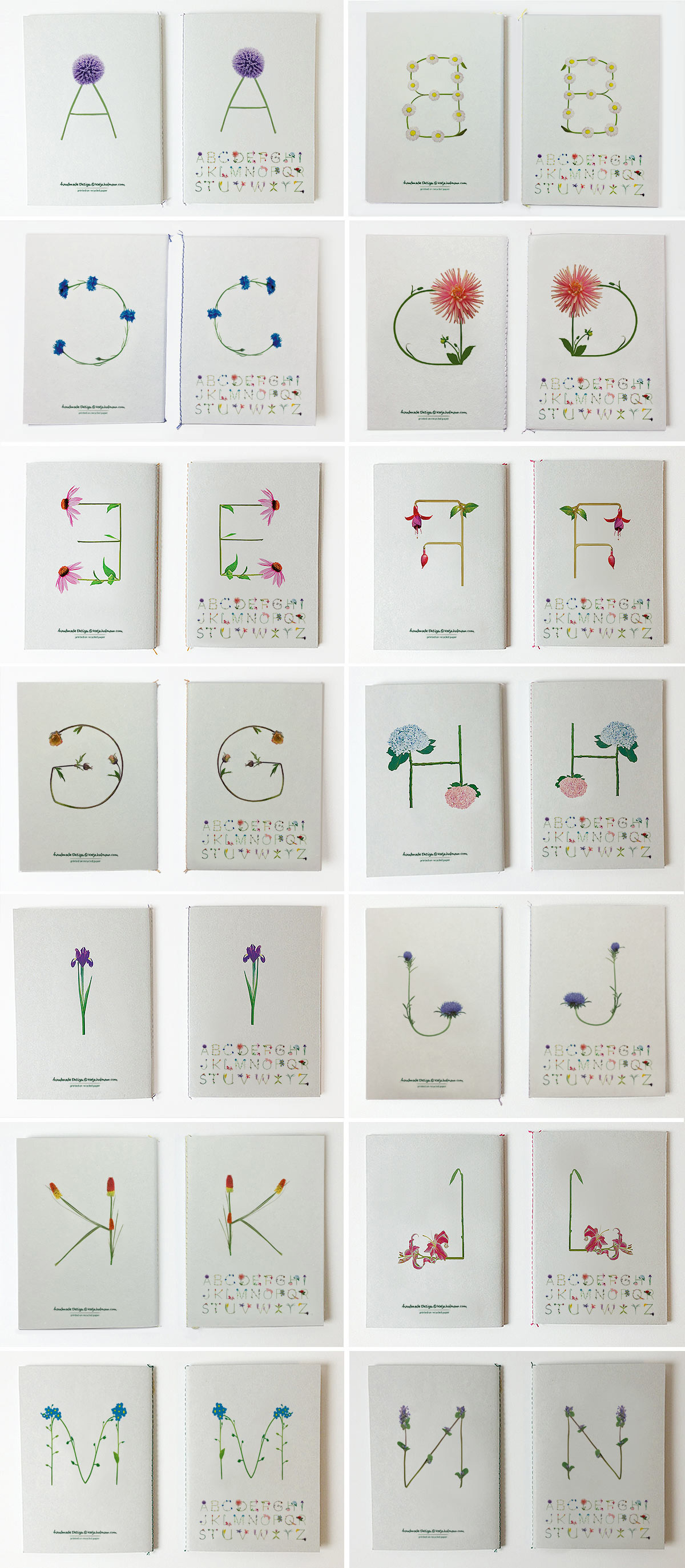 Katja Hofmann, Studio for good handmade Design, Blumenbuchstaben, Blumenschrift, Blumenalphabet, Print, Notizbücher, Fadenbindung, handmade, Recyclingpapier