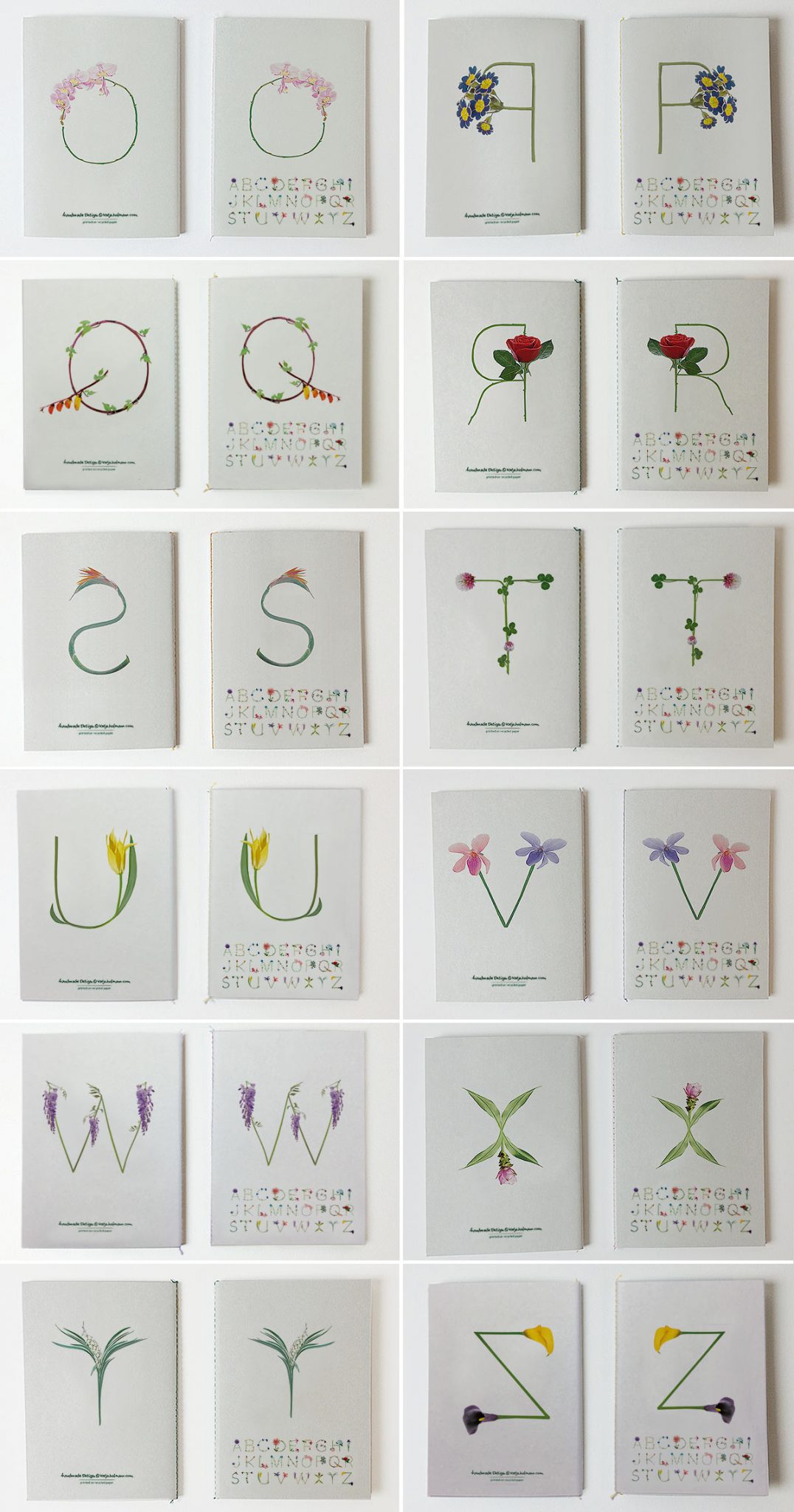 Katja Hofmann, Studio for good handmade Design, Blumenbuchstaben, Blumenschrift, Blumenalphabet, Print, Notizbücher, Fadenbindung, handmade, Recyclingpapier