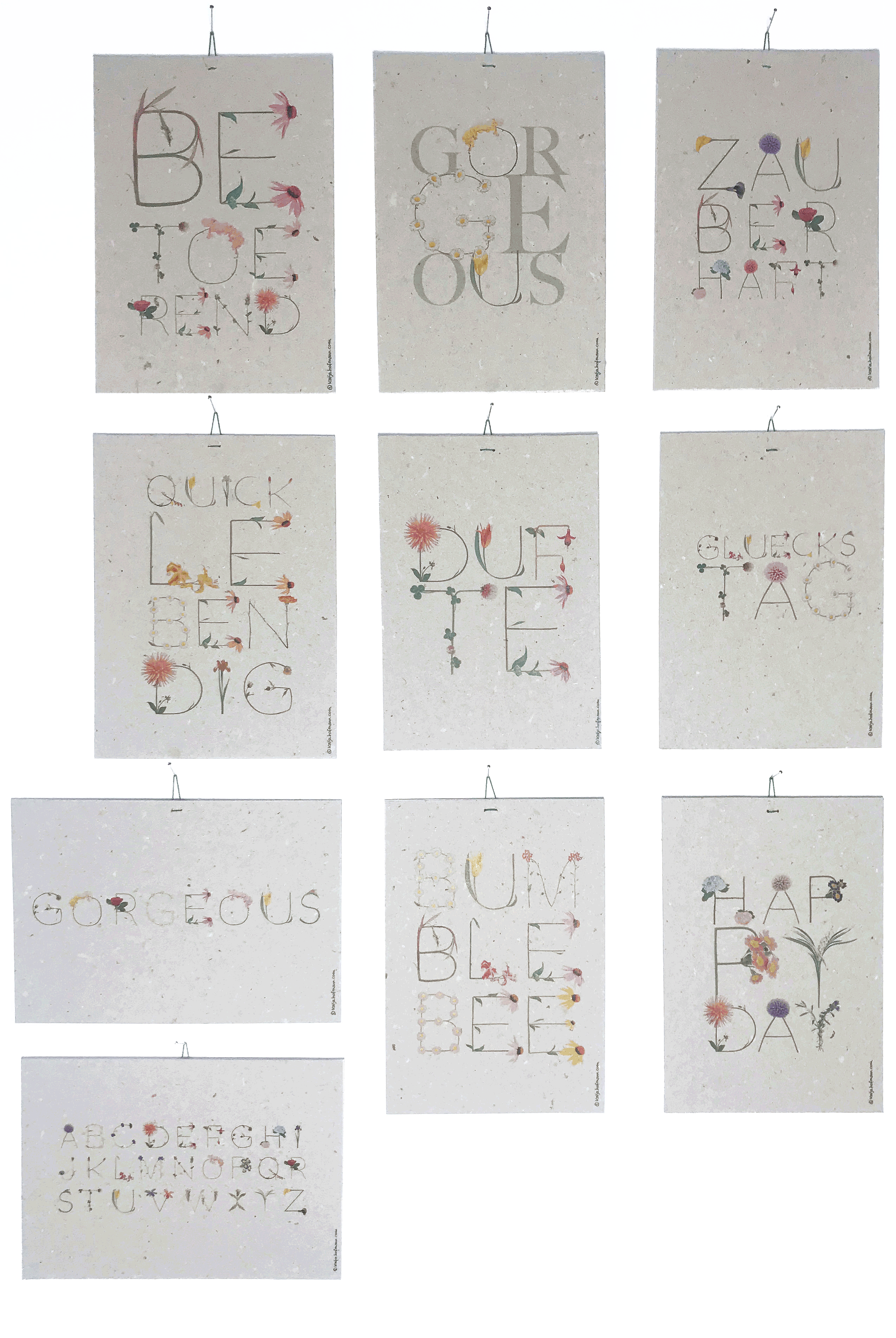 Katja Hofmann, Studio for good handmade Design, Blumenbuchstaben, Blumenschrift, Blumenalphabet, Print, Bild, Postkarte, handmade, Recyclingpapier