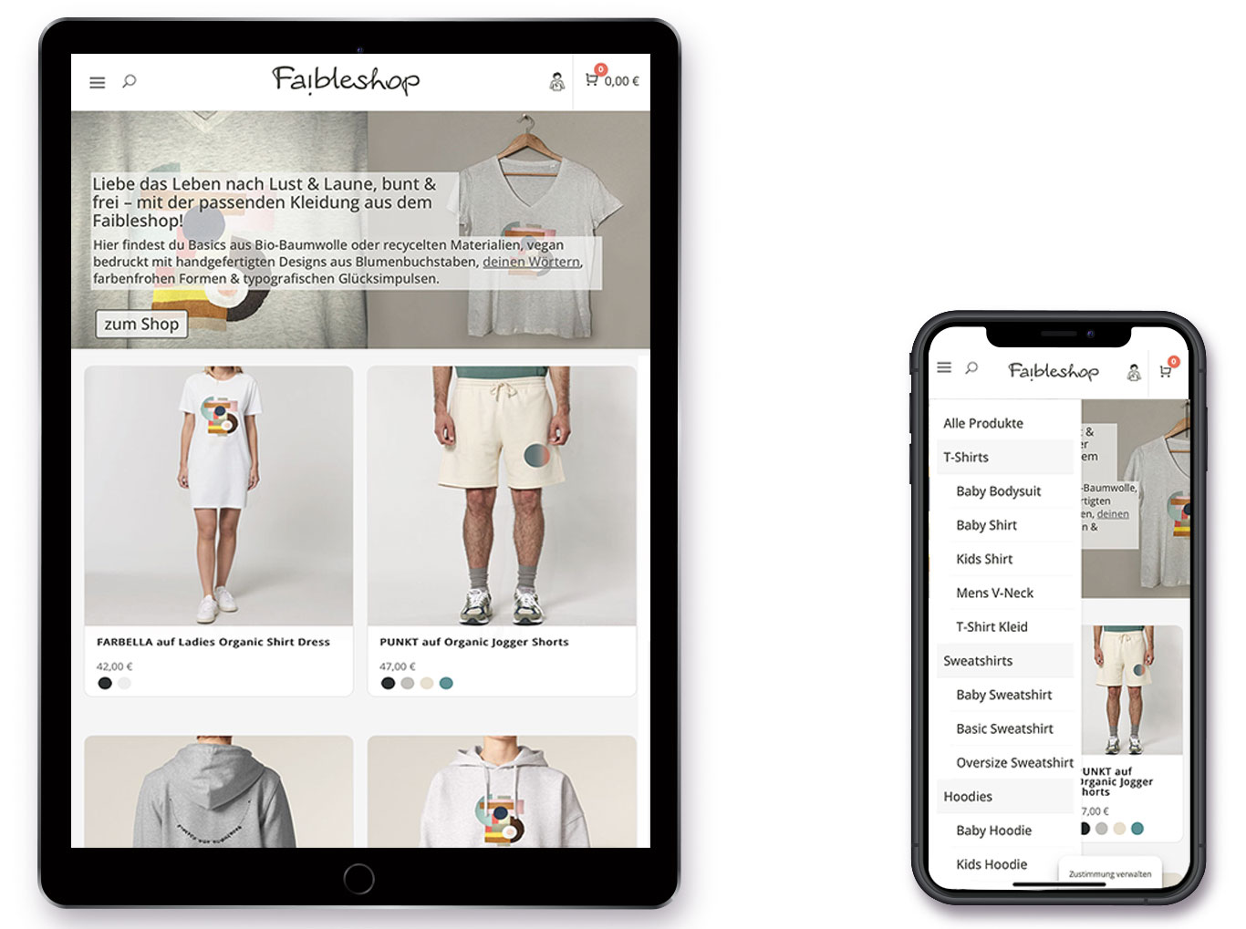 1 Tablet und 1 Smartphone-Bild mit der  Startseite der Faibleshop-Website. Erstellt von Katja Hofmann, Studio for good  handmade Design, Berlin