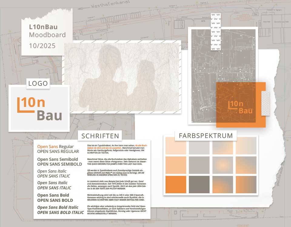 Bild von dem L10nBau-Moodboard mit Farbspektrum, Schriften, Logo und Bildern