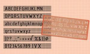 Als Bild habe ich ein Alphabet mit Groß- und Kleinbuchstaben, Satzzeichen und Zahlen in der Normschrift sowie eine klassische Zeichenschablone gestaltet