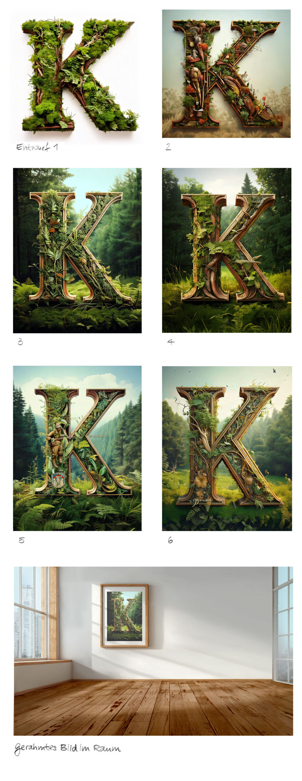 Bilder von einer Auftragsarbeit: sechs Entwurfsvarianten von einem Wandbild das ein K aus Holz, bewachsen mit Moos, Farn, Efeu und Schlingpflanzen in einer Waldlichtung darstellt und ein Bild worauf das gedruckte und gerahmte Familienwappen-K-Bild im Raum zu sehen ist. Gestaltet, gedruckt und hergestellt von Katja Hofmann, Studio for good handmade Design
