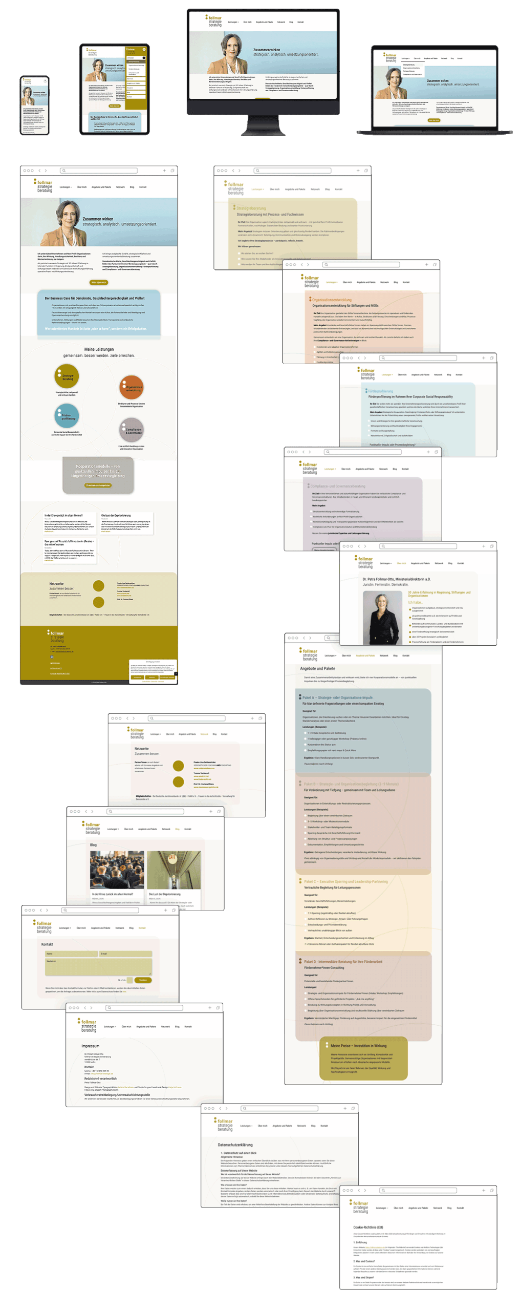 Webdesign für Follmar Strategie – Website Gestaltung_ Bilder von allen Seiten der Website am Desktop, Tablet und Telefon