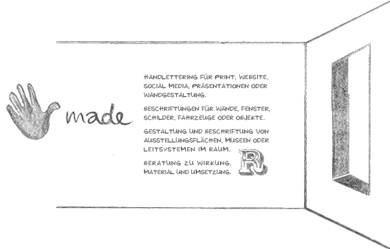 khdesign_cd_ci Handmade Design & Beschriftung im Raum. Bleistiftzeichnung von einer Hand und beschriftete Textflächen im Raum